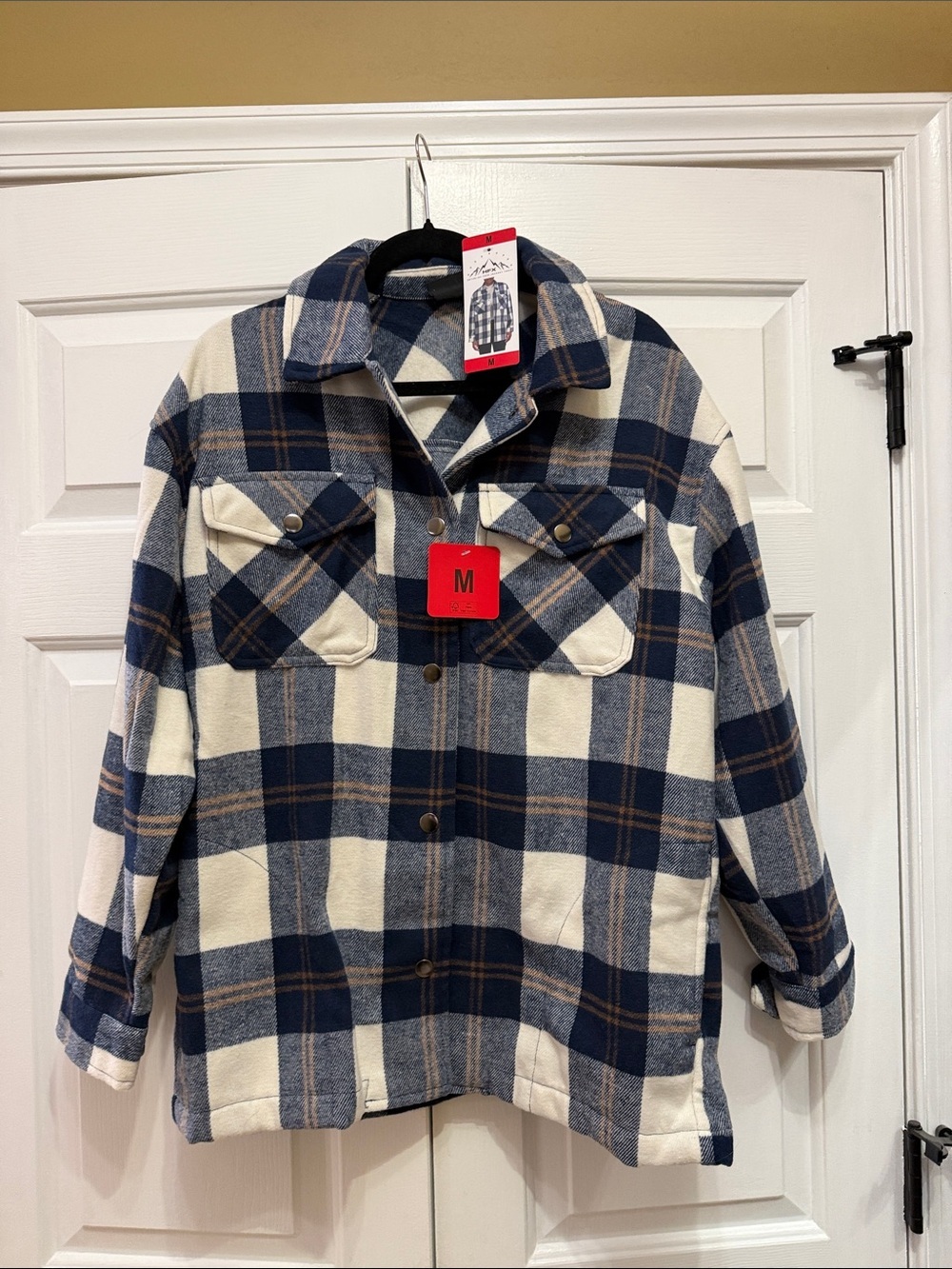 HFX Plaid Flannel Shirt Jacket in Navy & Cream